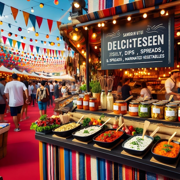 Amidst the vibrant colors of a food festival a delicatessen booth offers samples of specialty dips