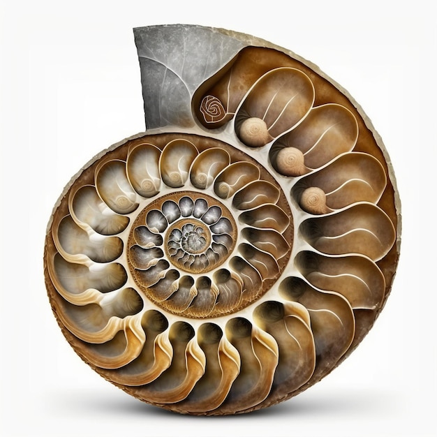 Ammonite fossil on the white background created with generative AI