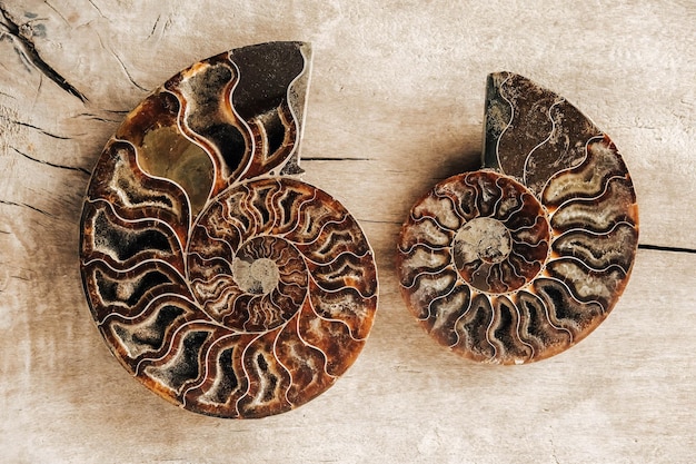 Ammonites fossil shell on wooden background Polished half of petrified shells as souvenirs gift