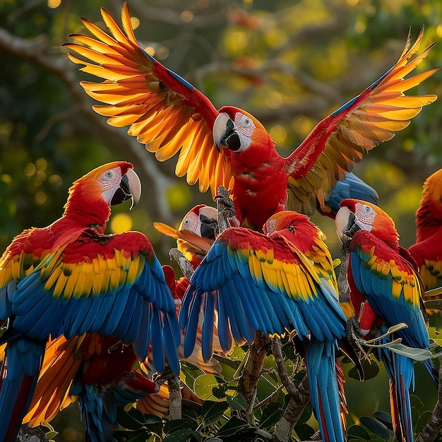 Photo among the tree branches is a group of colorful macaws