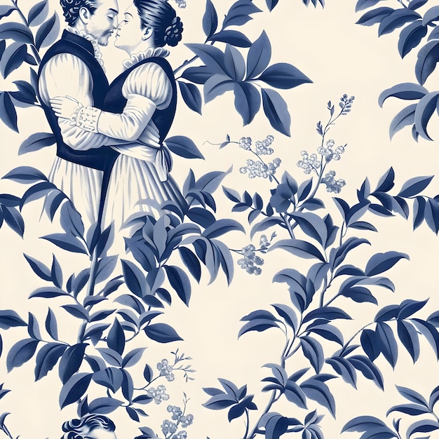 Photo amorous toile de jouy lovers sharing tender kiss under willow tree