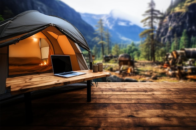 Ample desk space paired with a camping themed background