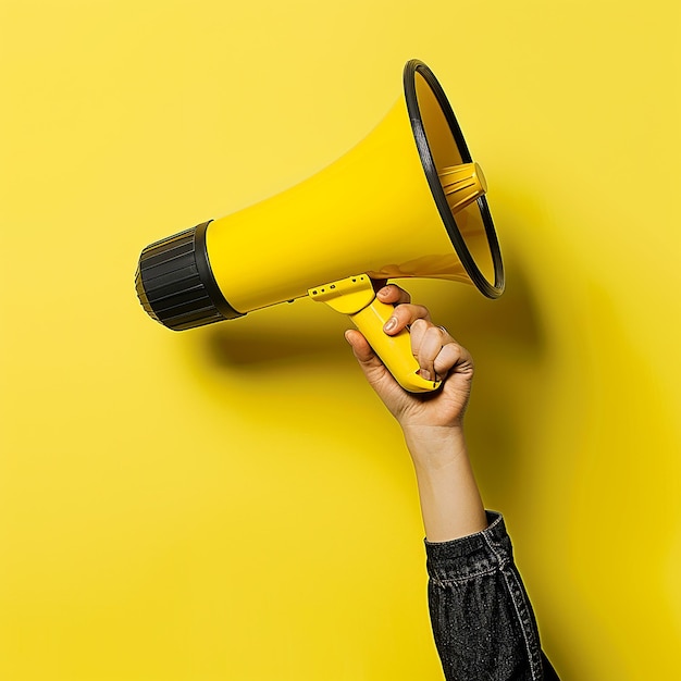 Amplify Your Voice Female Hand Holds Megaphone on Yellow Background