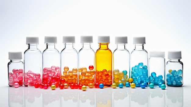 Ampules and bottle with medicines on white background