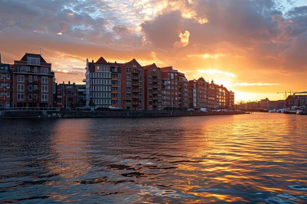 Amsterdam Cityscape at Sunset with Apartment Building Near Water