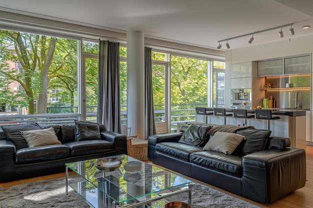 Amsterdam Living Room with Black Leather Sofa