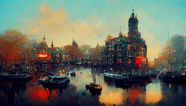 Amsterdam Netherlands painting illustration Amsterdam city skyline