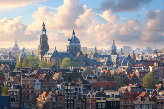 Amsterdam Netherlands town cityscape over the Old Centre District with Basilica of Saint Nicholas