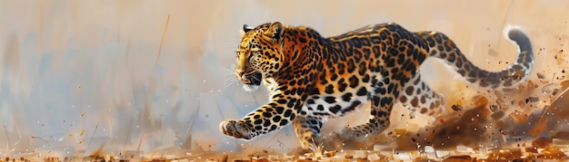 Amur leopard midpounce dynamic movement captured in oil paint with a broad empty background to highlight the action