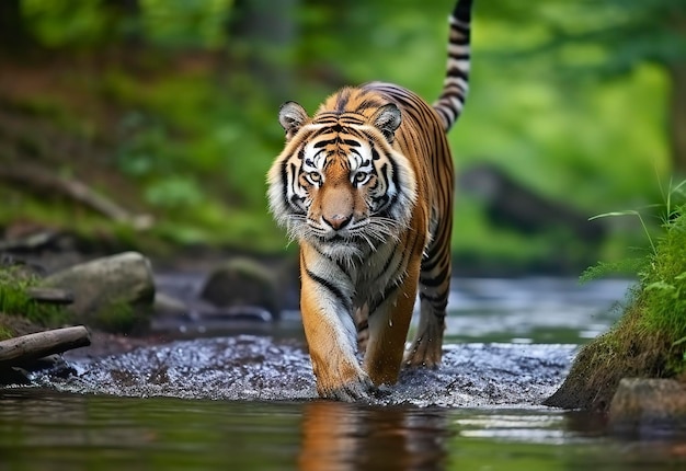 Amur tiger walking in the water Dangerous animal Animal in a green forest stream Generative AI