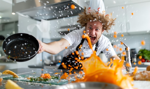 Amused home chef in chaotic kitchen with splattered ingredients and burnt dish highlighting culinary