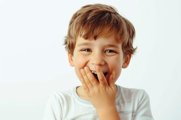 Photo amused young boy on white background