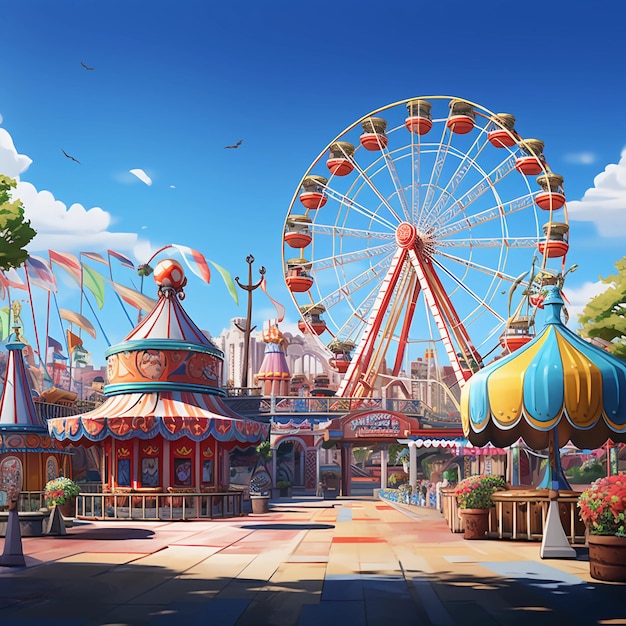 An amusement park with many rides and snack bars