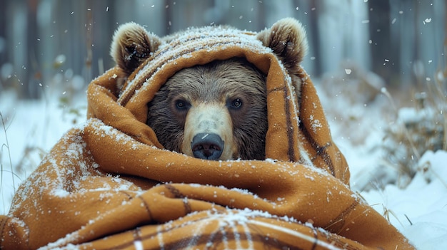 Photo amusing bear covered with comfy blanket relaxing at winter season generative ai