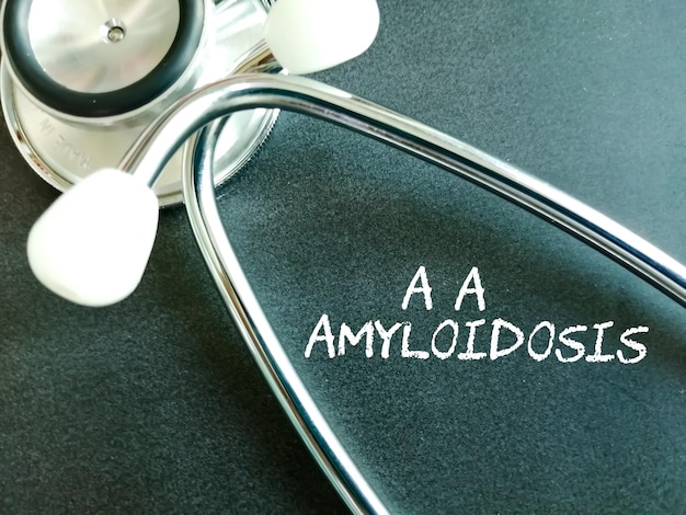 A A amyloidosis medical term on black background for rare disease concept