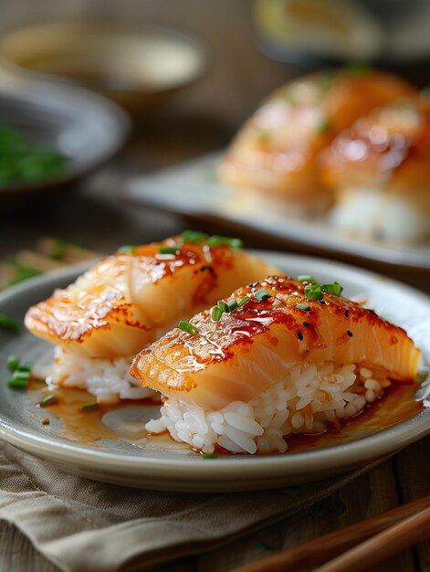 Photo anago nigiri saltwater eel sushi drizzled with sauce in a gourmet setting