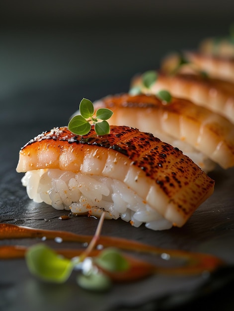 Anago Nigiri sushi with saltwater eel served on a dark elegant plate