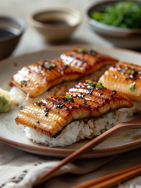 Photo anago nigiri sushi with sweet soy glaze and garnished with fresh herbs