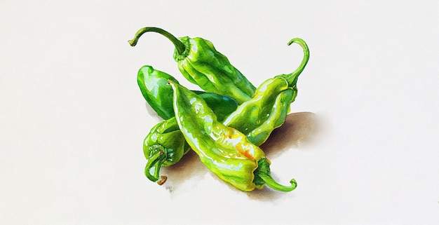 Anaheim green Peppers. Watercolor on white paper background. Illustration of vegetables and greens