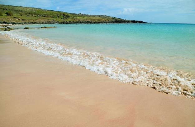 Anakena Beach with White Coral Sand and Amazing Turquoise Blue Pacific Ocean Easter Island Chile