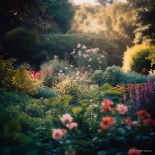 analogphoto of an 80s english garden strong bokeh