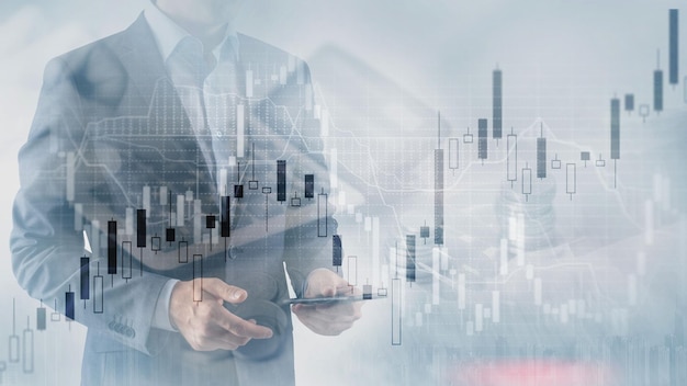 Analysis concept Financial graph on city scape background double exposure