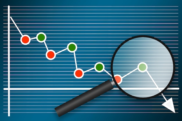 Analysis a down arrow chart with magnifying glass