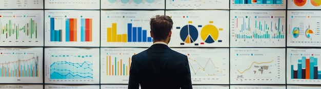 Photo analyst contemplating colorful data visualizations an individual stands before a massive array of monitors filled with vibrant graphs pie charts and bar graphs representing thorough data evaluation