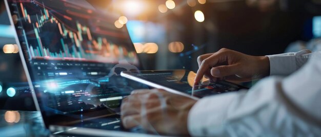 Analyst intensely focused on financial charts on a laptop screen at night