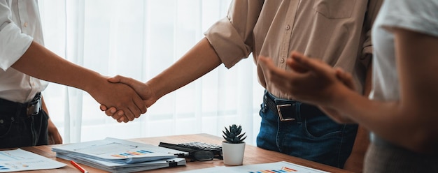 Analyst team celebrates successful data analysis with handshake Scrutinize