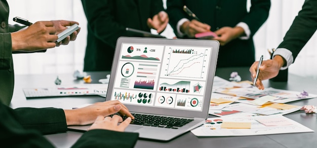 Analyst team use sticky note for creative and analytic brainstorm for business idea with BI data dashboard on laptop screen Analysis financial data visualization tech for marketing strategy Prodigy