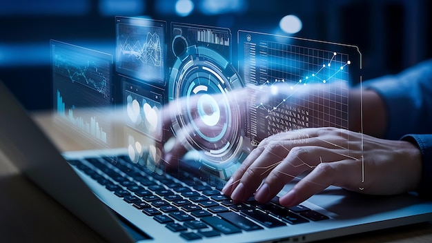 An analyst uses a computer and dashboard for data business analysis and Data Management System with KPI and metrics connected to the database for technology finance operations sales marketing