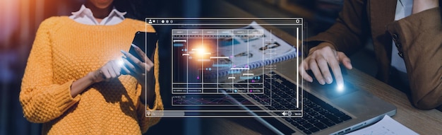 Analyst working with computer in Business Analytics and Data Management System to make report with KPI and metrics connected to database Corporate strategy for finance operations sales marketing