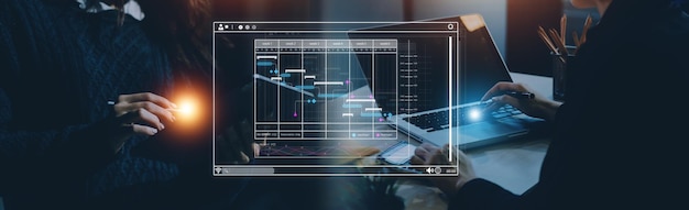 Analyst working with computer in Business Analytics and Data Management System to make report with KPI and metrics connected to database Corporate strategy for finance operations sales marketing