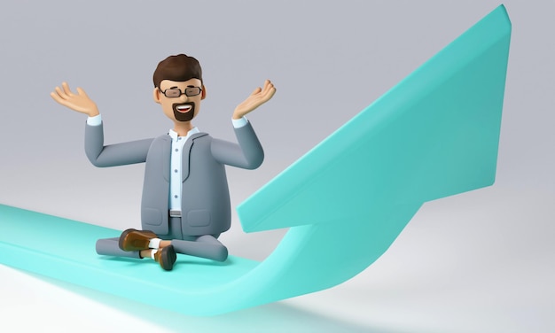 Analytics concept business strategy financial management Cartoon smiling businessman in yoga lotus position 3d illustration