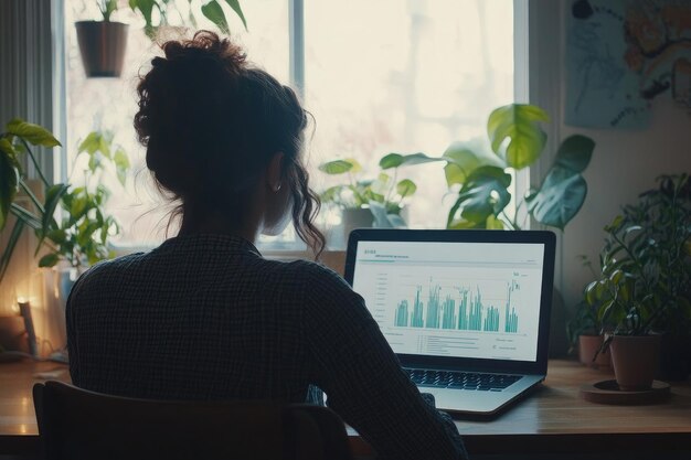 Photo analyzing data trends in a cozy workspace surrounded by vibrant plants and natural lightbest