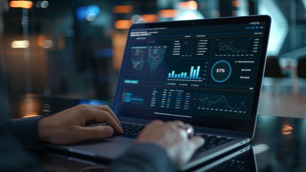 Photo analyzing predictive kpi dashboard on laptop for actionable insights driving business growth