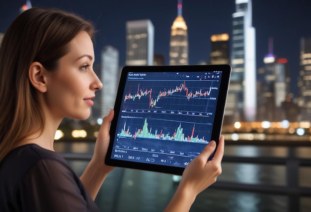 Photo analyzing stock market graph a person holding a tablet in front of a dynamic financial display