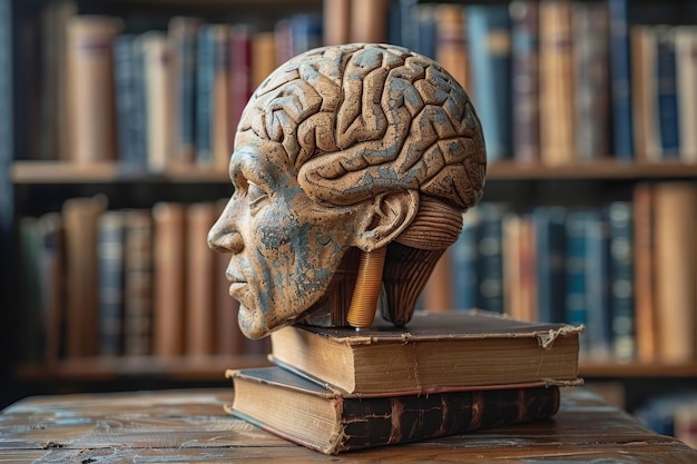 Photo anatomical brain sculpture with books