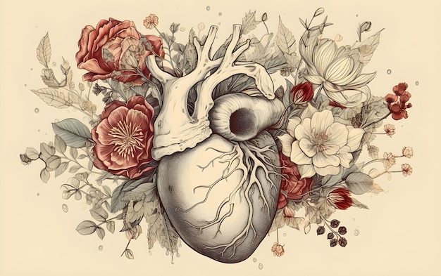 Anatomical heart with flowers and leaves Generative AI