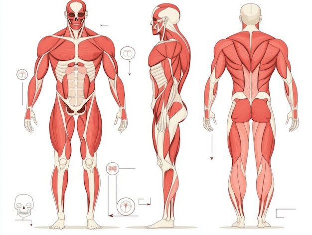 Anatomical illustration of human muscles from multiple angles