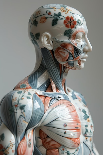 Photo anatomical model with floral and botanical patterns showcasing muscular and skeletal structures