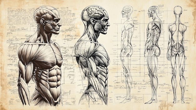 Photo anatomical sketches of a male figure in profile and full view