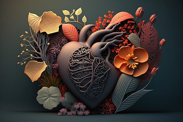 Anatomically shaped heart with flowers concept of love Generative AI