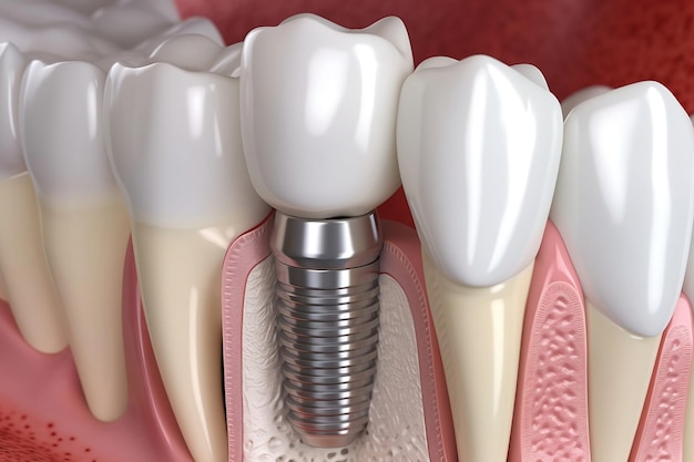 Anatomy of healthy teeth and tooth dental implant in human dentura 3D illustration Image is AI generated