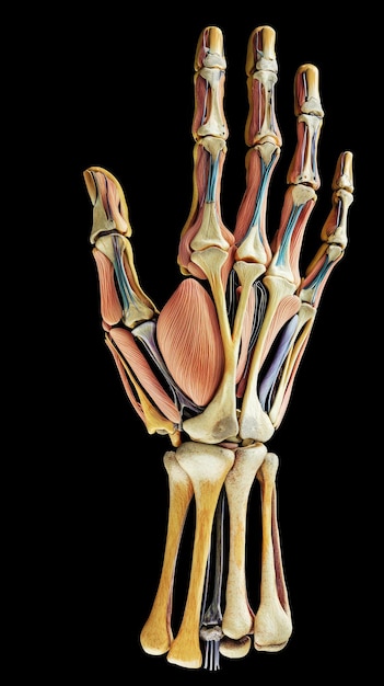 Anatomy of human hand with labeled joints showcasing intricate details of bones muscles and tendons This educational illustration highlights complexity and functionality of hand