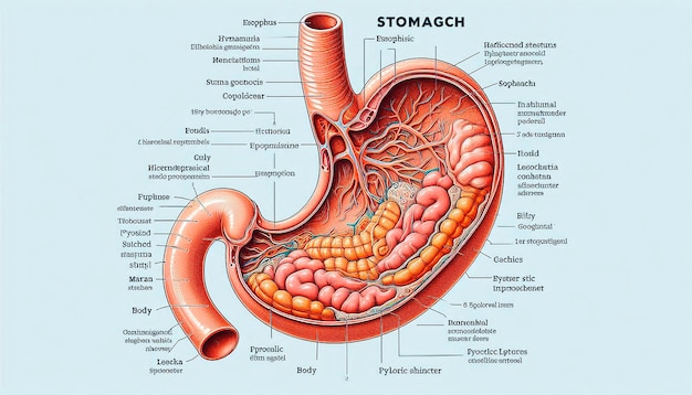 Photo the anatomy of a stomach is labeled as the stomach