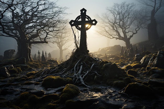 Ancestral cross emerges in the enlightened night surrounded by mysterious mist generative IA