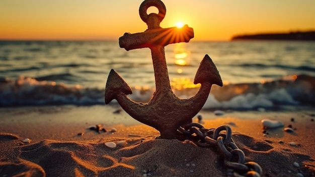 An anchor is on the beach with a sunset behind it Generative Ai