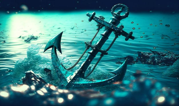 An anchor plunges into the turquoise waters of the ocean creating ripples and symbolizing stability and steadfastness